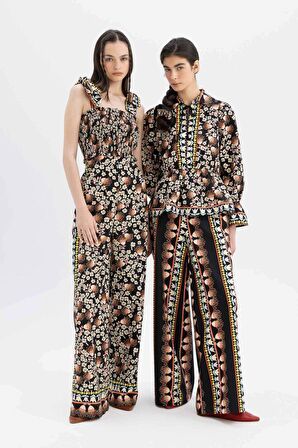 DeFacto Lug Von Siga x DeFacto Wide Leg Geniş Paça Maxi Poplin Kumaş Pantolon Desenli Normal Bel C1132AX24SMBK81