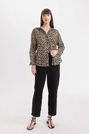 DeFacto Oversize Geniş Kalıp Uzun Kollu Leopar Desenli Vual Gömlek D2564AX24SMBG234