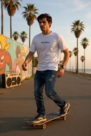 Erkek  Slim Fit Los Angeles Baskılı Pamuklu T-Shirt