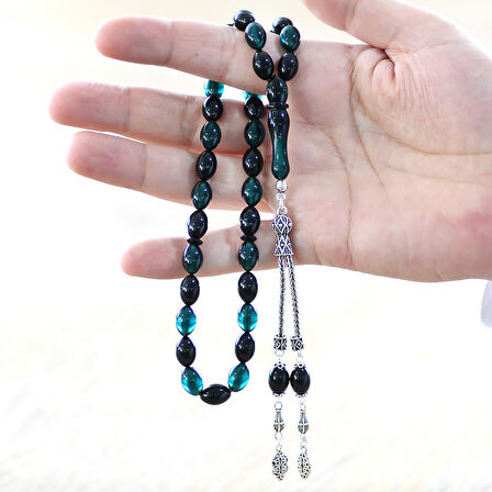 925 Ayar Gümüş Çift Püsküllü Arpa Kesim Turkuaz-Siyah Ateş Kehribar Tesbih