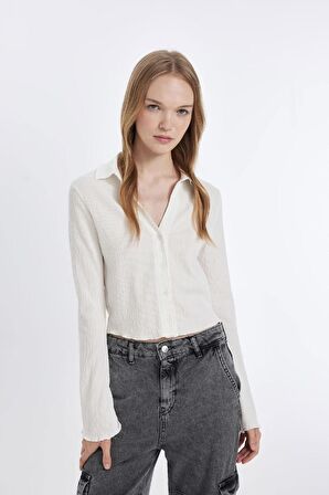 DeFacto Coool Fitted Basic Düz Düğmeli Uzun Kollu Crop Beyaz Gömlek A0012AX24AUWT32