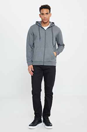 Erkek Antrasit-melanj Standart Fit Normal Kesim Kapüşonlu Fermuarlı Sweatshirt Ceket