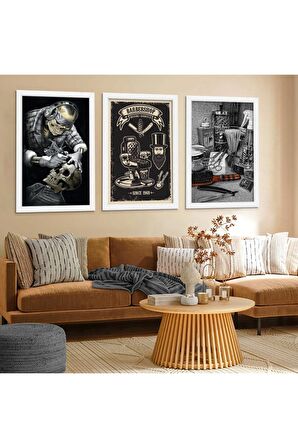 Gümüş Aynalı Pleksi Çerçeveli Minimalist Üçlü Soyut Desen Üçlü Mdf Tablo Seti