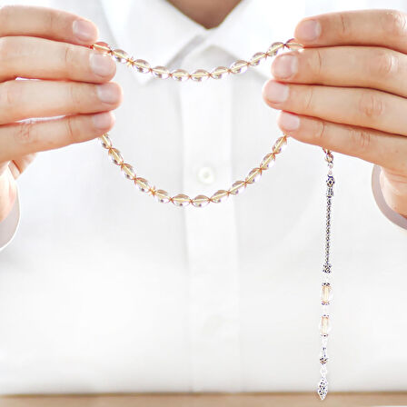 925 Ayar Gümüş Püsküllü Arpa Kesim Şeffaf Beyaz Ateş Kehribar Tesbih