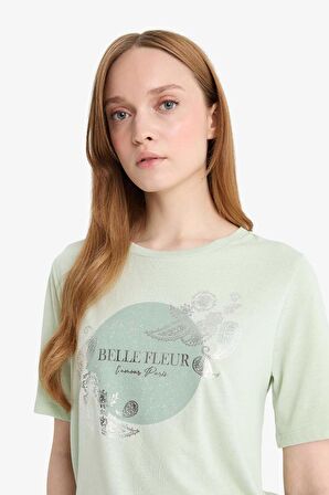 Regular Fit Bisiklet Yaka Çiçekli Kısa Kollu Tişört