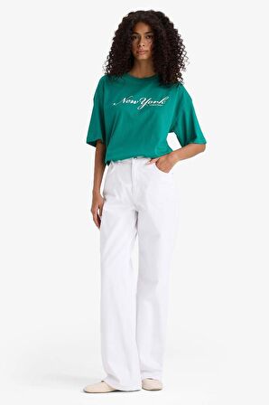 Regular Fit Bisiklet Yaka Slogan Baskılı Penye Kısa Kollu Tişört