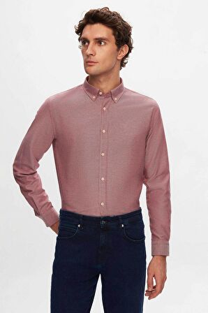 Ds Damat Slim Fit Bordo Armürlü Düğmeli Yaka Pamuklu Gömlek 5HC02ORT07265 5HC02ORT07265