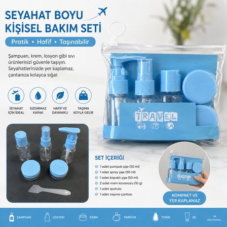 Seyahat Mini Boy Kişisel Bakım Şişe Seti 7 Parça – Uçak Kabin Uyumlu Kozmetik Aktarma Seti, Losyon, Şampuan, Krem ve Parfüm Taşıma Çantalı