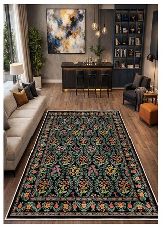Siyah Retro Dijital Baskı Halı Kaymaz Tabanlı Yıkanabilir Halı Yolluk Salon Halısı 1767