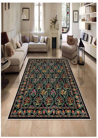 Siyah Retro Dijital Baskı Halı Kaymaz Tabanlı Yıkanabilir Halı Yolluk Salon Halısı 1767