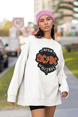 High AC DC Voltage Baskılı Unisex Oversize Rock Metal Sweatshirt