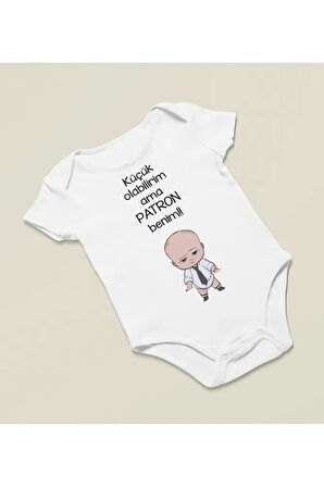Küçük Olabilirim Ama Patron Benim Yazılı Pamuklu Yumuşak Unisex Çıtçıtlı Body Zıbın