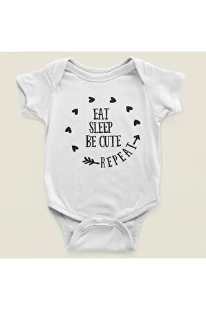 Yemek Ye, Uyu, Sevimli Ol, Tekrar Et Yazılı Pamuklu Yumuşak Unisex Çıtçıtlı Body Zıbın