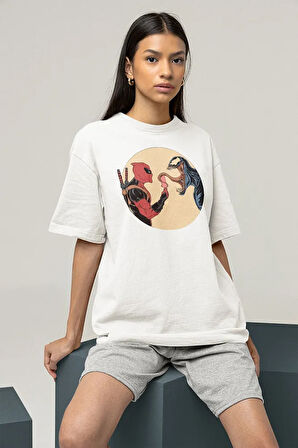 Deadpool x Venom Baskılı Unisex Tişört, Oversize Marvel Film Karakter Tişört