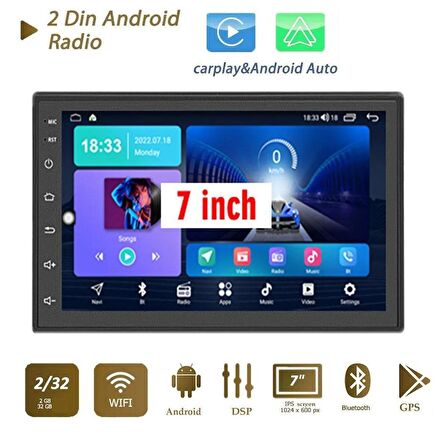 7 Inch 2din 2/32gb. +carplay Ile Gerçek 2gb Ram'li Universal Android 13 Yeni Double Ekran Multimedya