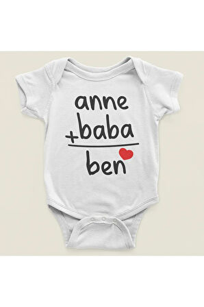 Anne + Baba = Ben Yazılı Pamuklu Yumuşak Unisex Çıtçıtlı Body Zıbın