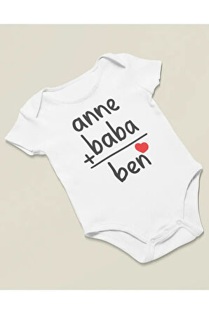 Anne + Baba = Ben Yazılı Pamuklu Yumuşak Unisex Çıtçıtlı Body Zıbın