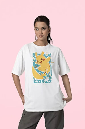 Pokemon Baskılı Unisex Tişört, Oversize Pikaçu Tişört