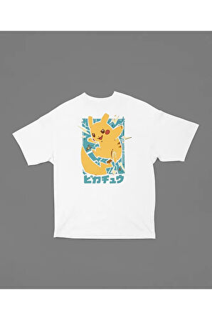 Pokemon Baskılı Unisex Tişört, Oversize Pikaçu Tişört