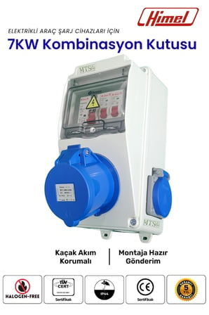 7.4kW Monofaze Himel Kombinasyon Kutusu 3x32A Tesla Mavi Adaptör Uyumlu Kaçak Akım Röleli