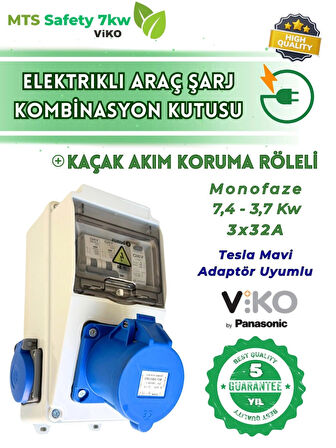 7.4 Kw 3/32 A VIKO Tesla Mavi Adaptör Uyumlu Seyyar Elektrikli Araç Şarj Cihazı İstasyonu Kombinasyon Panosu Kutusu 7kw