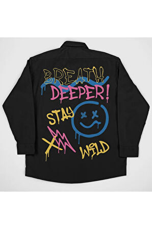 Breath Deeper ! Yazılı Unisex Tasarım Cepli Gömlek