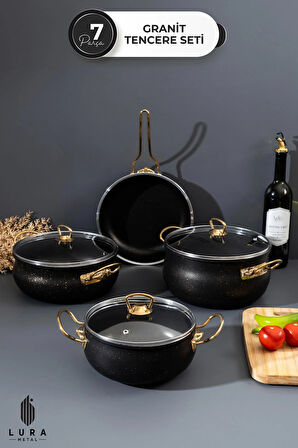 7 Parça Siyah Granit Gold Kulp Tencere Seti – Gold Metal Kulplu, 24 cm