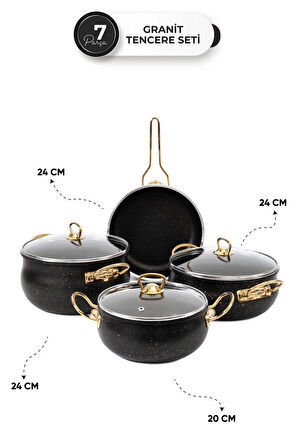 7 Parça Siyah Granit Gold Kulp Tencere Seti – Gold Metal Kulplu, 24 cm