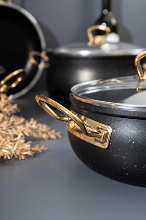 7 Parça Siyah Granit Gold Kulp Tencere Seti – Gold Metal Kulplu, 24 cm