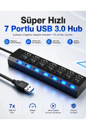 Süper Hızlı 7 Portlu USB 3.0 Hub Çoklayıcı Çoğaltıcı Adaptör Destekli PC Mac Uyumlu Işıklı On Off Bağımsız Anahtarlı Yüksek Hızlı Veri Aktarımı Sağlayan Siyah Dağıtıcı Switch Bağlantı Kablolu
