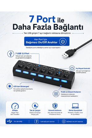 Süper Hızlı 7 Portlu USB 3.0 Hub Çoklayıcı Çoğaltıcı Adaptör Destekli PC Mac Uyumlu Işıklı On Off Bağımsız Anahtarlı Yüksek Hızlı Veri Aktarımı Sağlayan Siyah Dağıtıcı Switch Bağlantı Kablolu