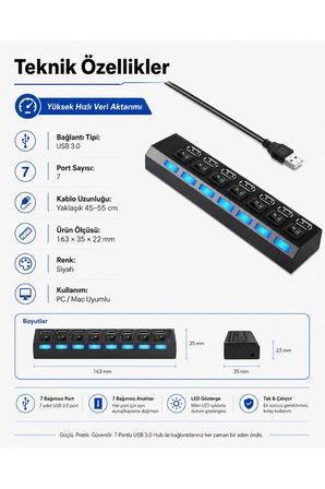Süper Hızlı 7 Portlu USB 3.0 Hub Çoklayıcı Çoğaltıcı Adaptör Destekli PC Mac Uyumlu Işıklı On Off Bağımsız Anahtarlı Yüksek Hızlı Veri Aktarımı Sağlayan Siyah Dağıtıcı Switch Bağlantı Kablolu
