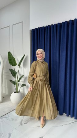 %100 Tensel Kumaş Astarlı Gizli Düğmeli Kuşaklı Elbise – 135 cm | Beyaz, Acı Kahve, Mavi, Yağ Yeşili, Açık Sarı, Siyah, Pembe