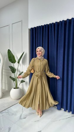 %100 Tensel Kumaş Astarlı Gizli Düğmeli Kuşaklı Elbise – 135 cm | Beyaz, Acı Kahve, Mavi, Yağ Yeşili, Açık Sarı, Siyah, Pembe