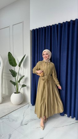 %100 Tensel Kumaş Astarlı Gizli Düğmeli Kuşaklı Elbise – 135 cm | Beyaz, Acı Kahve, Mavi, Yağ Yeşili, Açık Sarı, Siyah, Pembe