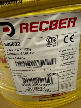 REÇBER Cat 6 Halogen Free U/utp SL400 23 Awg 500 Metre Sarı