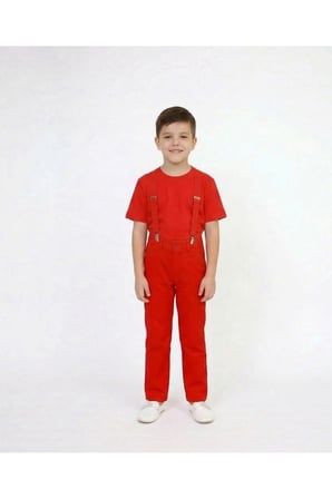 Erkek Çocuk 23Nisan 29Ekim Kıyafeti Kırmızı Yuvarlak Yaka Tişört-Kırmızı Pantolon-Kırmızı Askı Takım