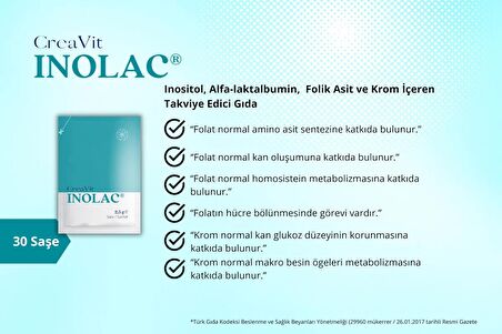 CreaVit Inolac® Inositol, Alfa-laktalbümin, Folik Asit ve Krom Takviye Edici Gıda, 30 Saşe