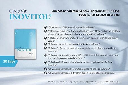 CreaVit Inovitol® Aminoasit, Vitamin, Mineral, Q10, EGCG ve PQQ İçeren Takviye Edici Gıda, 30 Saşe