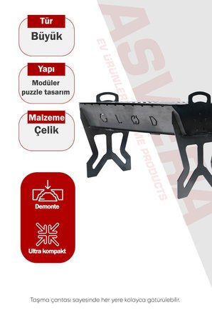 Asvera Portatif Katlanabilir Kamp Mangalı - 25x40 cm Taşınabilir Geniş Yüzeyli Piknik Mangalı