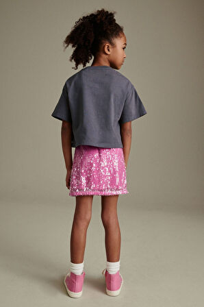 Next Baby Pembe Gri Çiçek Desenli Thsirt Pembe Payetli Etek Alt Üst Takım