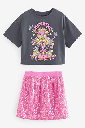 Next Baby Pembe Gri Çiçek Desenli Thsirt Pembe Payetli Etek Alt Üst Takım