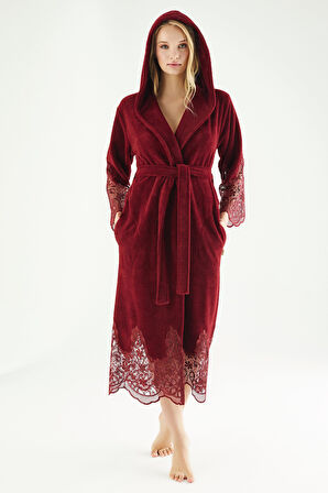 Dantelli Uzun Kapüşonlu Triga Bambu Cotton Kadın Bornoz