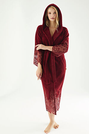 Dantelli Uzun Kapüşonlu Triga Bambu Cotton Kadın Bornoz