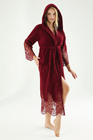 Dantelli Uzun Kapüşonlu Triga Bambu Cotton Kadın Bornoz