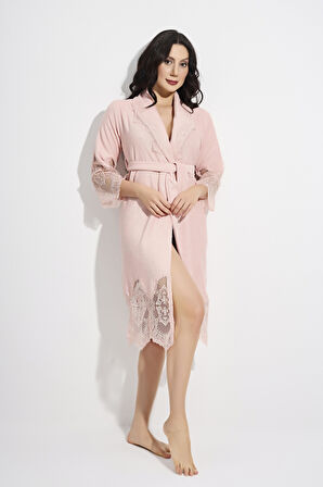 Dantelli Kısa Şalyaka Bukle Bambu Cotton Kadın Bornoz