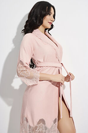 Dantelli Kısa Şalyaka Bukle Bambu Cotton Kadın Bornoz