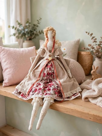Matilda Model Bebek El Yapımı Doğal Kumaş Çiçekli 55 cm Dekoratif Bebek