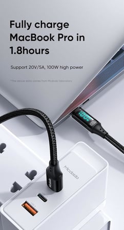CA-1100 Type-C Kablo 100W - Dijital Watt Göstergeli Hızlı Şarj Kablosu, 5A PD QC USB-C, Laptop/Tablet/Telefon, 1.2M