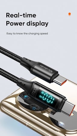 CA-1100 Type-C Kablo 100W - Dijital Watt Göstergeli Hızlı Şarj Kablosu, 5A PD QC USB-C, Laptop/Tablet/Telefon, 1.2M